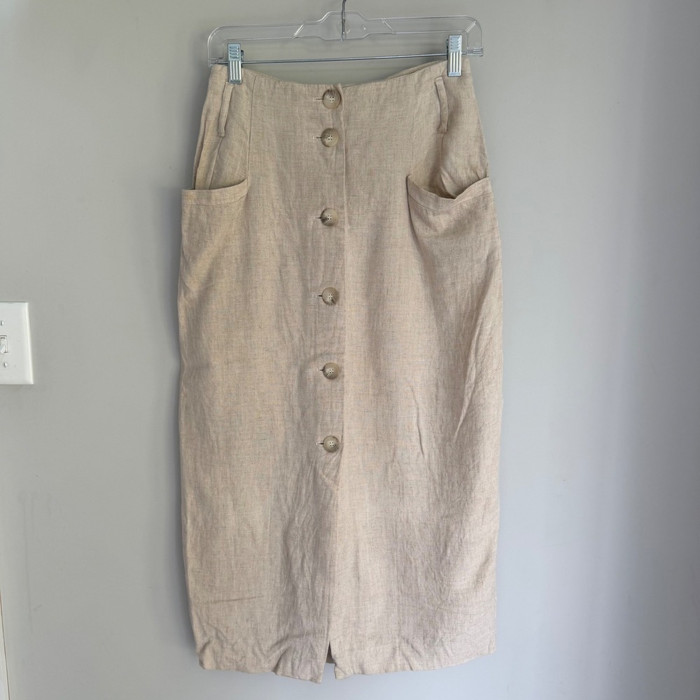 Vintage Express Linen Blend Beige Midi Skirt Buttons Pockets Neutral 90s Y2k 10